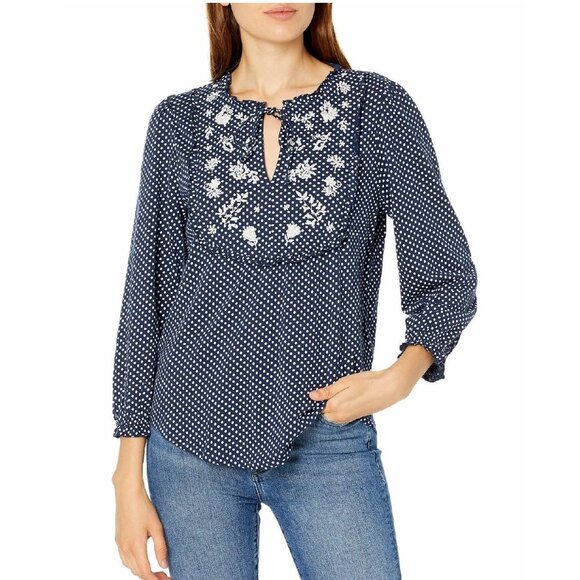 Lucky Brand Polka Dot Embroidered Yoke Top - Picture 1 of 7